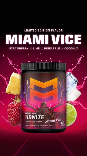 A high-impact product-centric creative showcasing a new limited edition energy supplement flavor using vibrant fruit imagery and neon-inspired color palettes.
